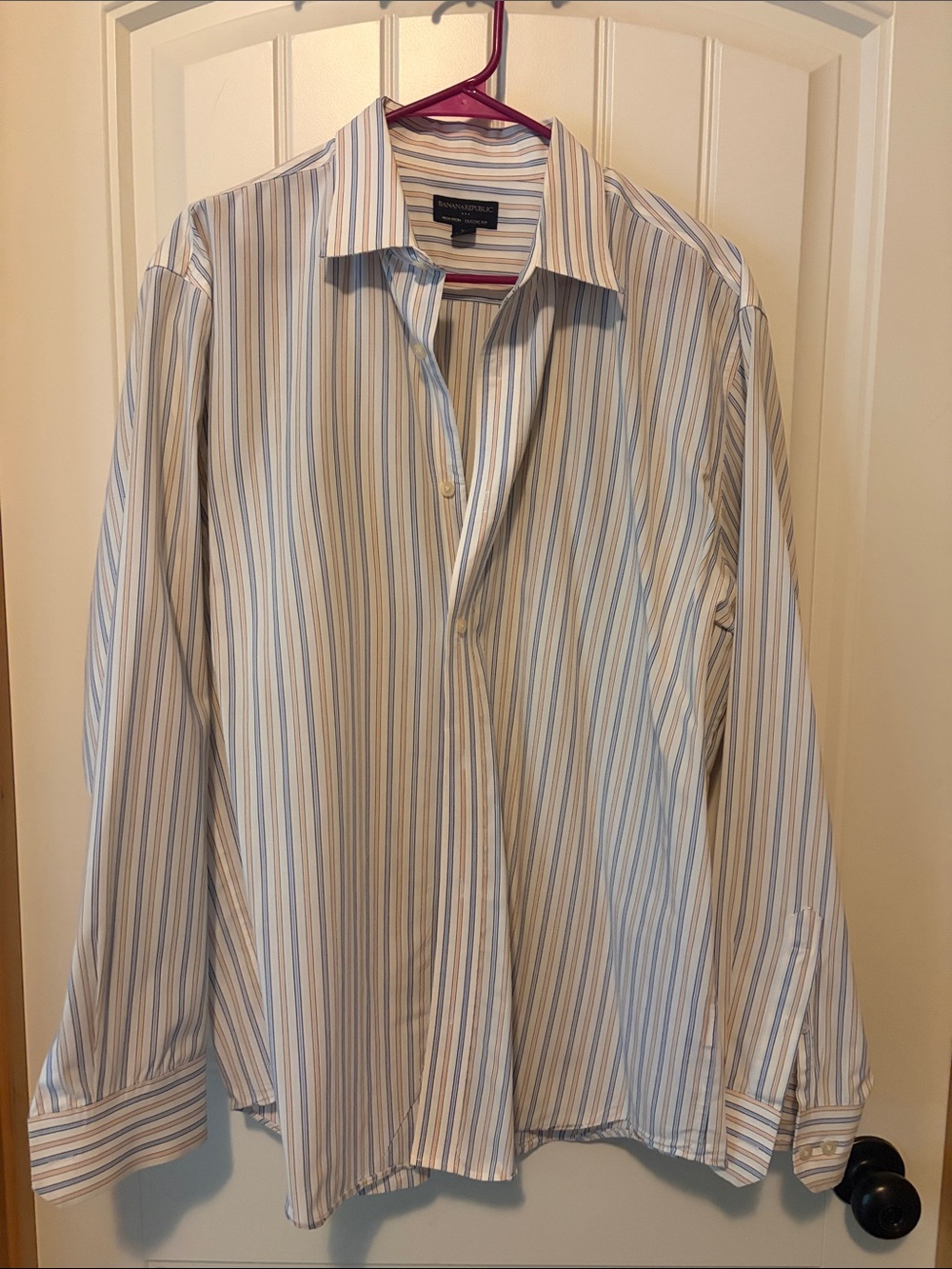 Banana Republic Men's Blue, White and Tan Striped Dress Shirt